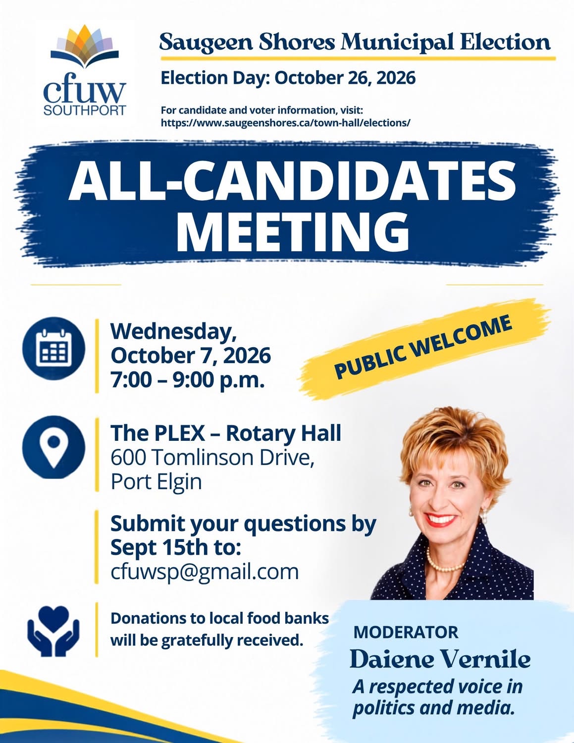 CFUW Southport All-Candidates Meeting poster for October 7, 2026